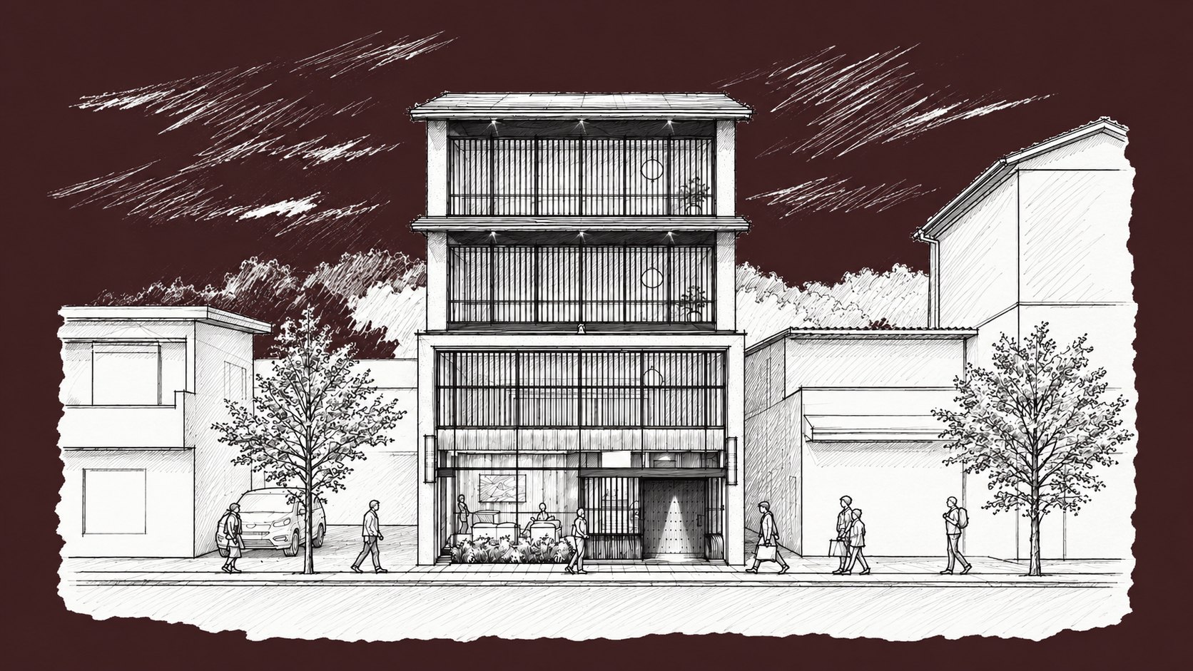 Sketch of the Hotel Hanamiya building on a Gion street